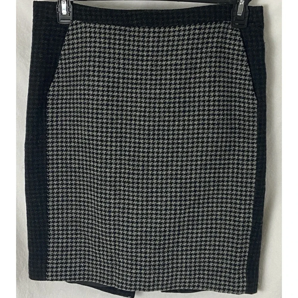 J Crew Pencil Skirt 10 Black Gray Houndstooth Wool Blend Pockets Academia Career